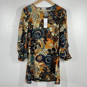 Molly Bracken Floral Print Mini Dress Long‎ Sleeve Sheer Chiffon Boho Small Chic